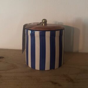 Blue & White Striped Ceramic Canister w/ Wood Lid & Gold Accent – 4.5”